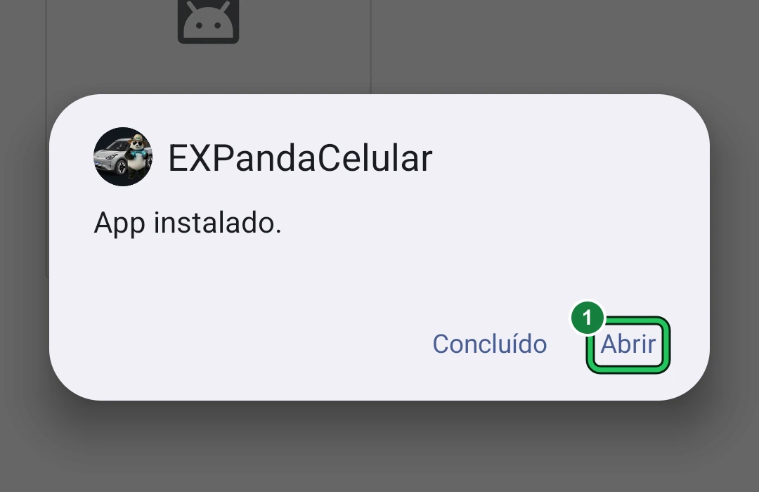 Janela do Android 15 com o texto «App instalado.» e os botões «Concluído» e «Abrir»; a marca verde 1 está em «Abrir».