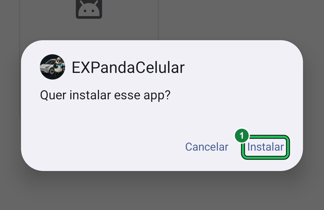 Janela «Quer instalar esse app?» do Android 15, para o EXPandaCelular, com os botões «Cancelar» e «Instalar»; a marca verde 1 está em «Instalar».