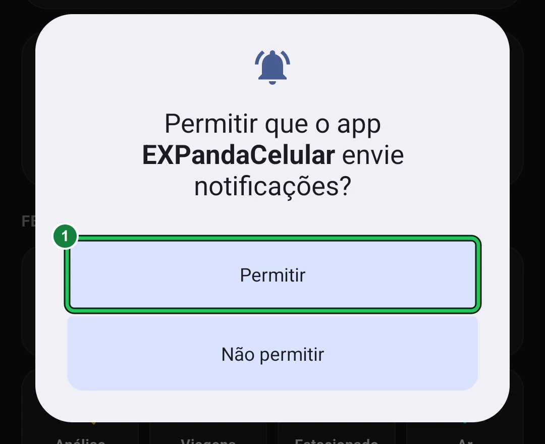 Janela do Android 15 «Permitir que o app EXPandaCelular envie notificações?» com os botões «Permitir» e «Não permitir»; a marca verde 1 está em «Permitir».