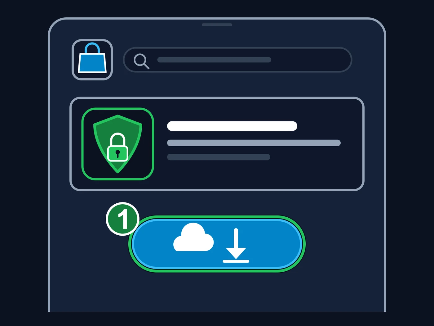 Ilustração, não a tela real: a tela de uma loja de apps no iPhone. No alto, o ícone da loja (uma sacola) e uma barra de busca. No meio, o cartão de um app com um escudo com cadeado, que representa o LocalDevVPN. Embaixo, um botão azul em forma de pílula com uma nuvem e uma seta para baixo, com a marca verde 1.