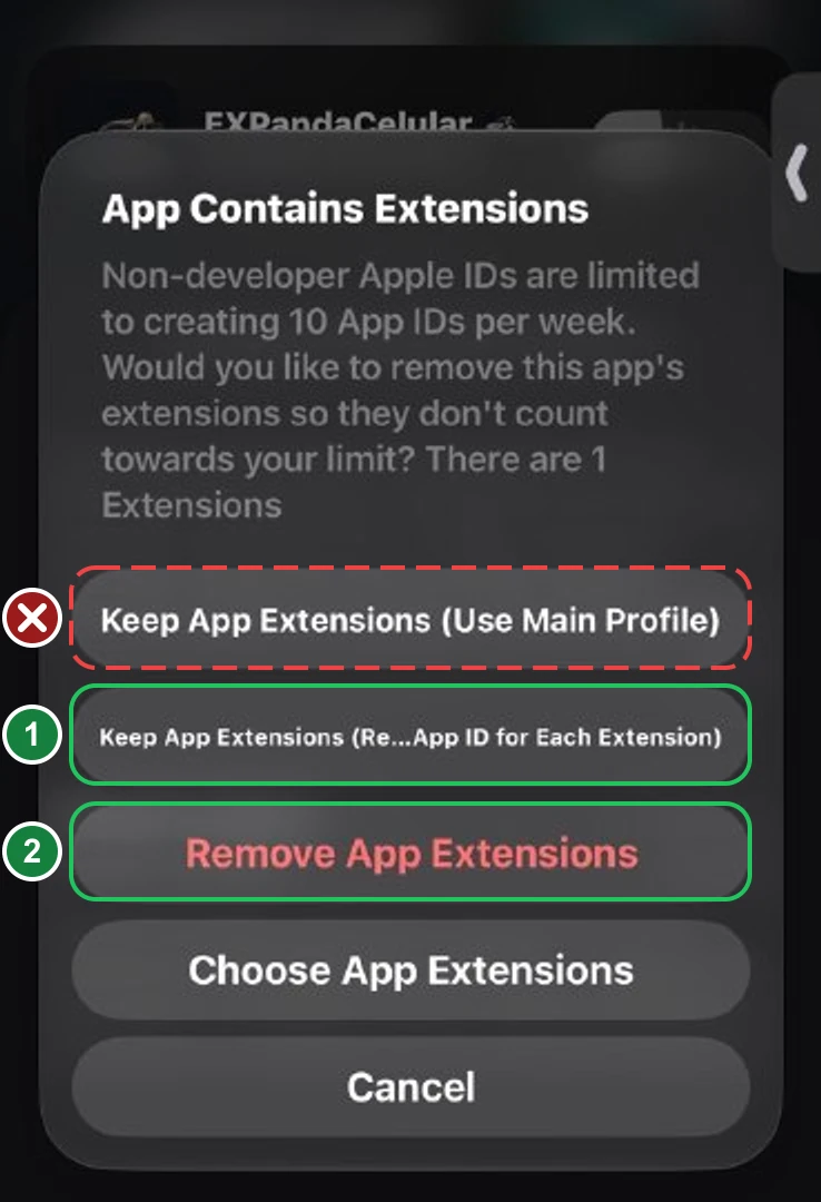 Captura do aviso «App Contains Extensions» do SideStore: contas Apple sem programa de desenvolvedor só podem criar 10 App IDs por semana, e o app tem 1 extensão. Cinco botões: «Keep App Extensions (Use Main Profile)», com um X vermelho; «Keep App Extensions (Register an App ID for Each Extension)», com texto cortado no meio e a marca verde 1; «Remove App Extensions», com a marca verde 2; «Choose App Extensions» e «Cancel», sem marca.